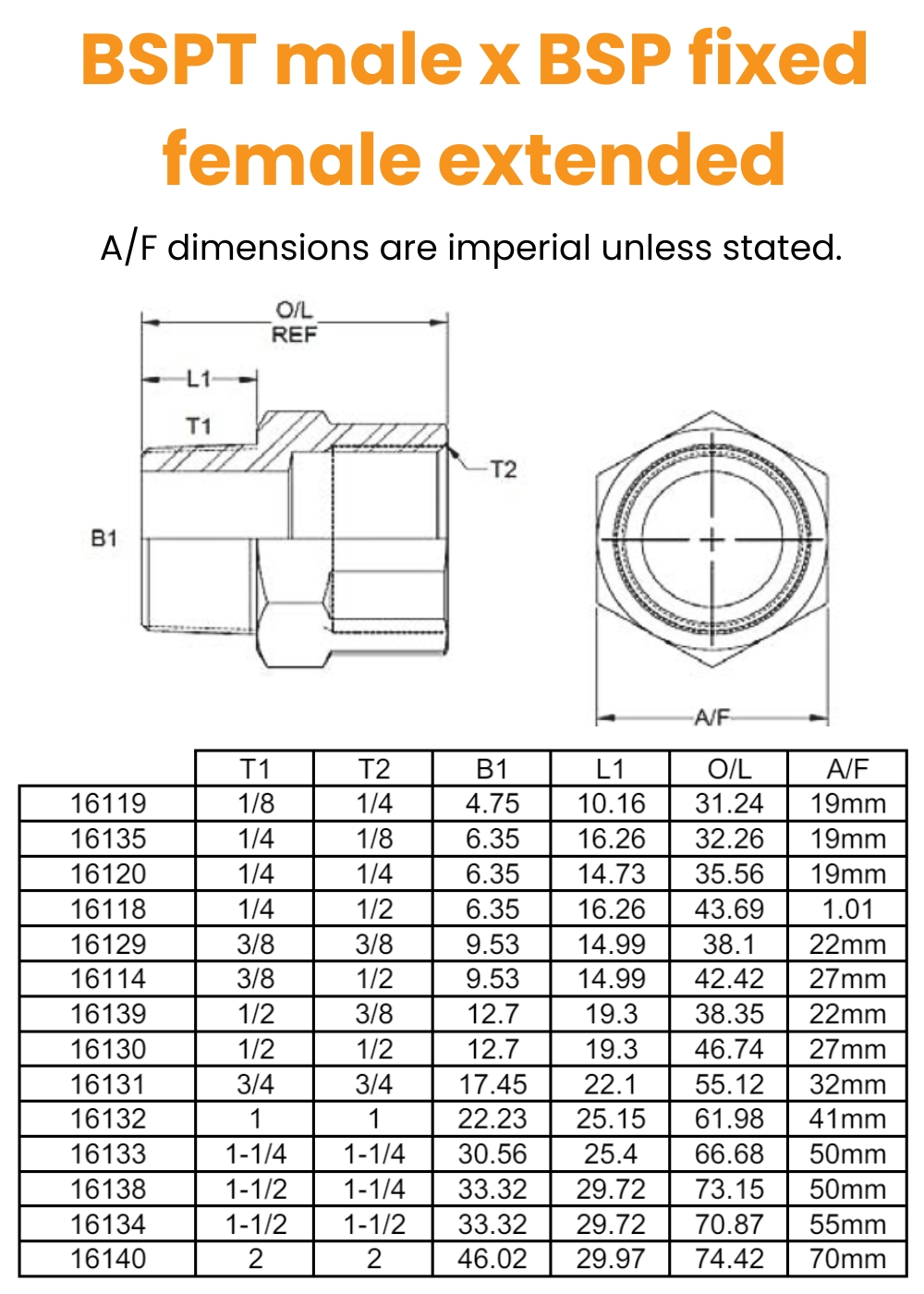 1/8 BSPT x 1/4 BSP M/Fix Fem Ext Hydraulic Adaptor